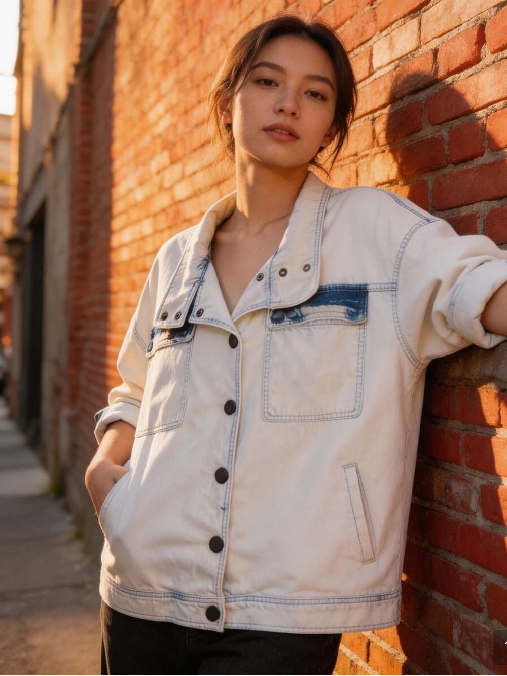 CAbi "Drew" White Bleached-Look Jean Jacket with Dark Blue Areas
